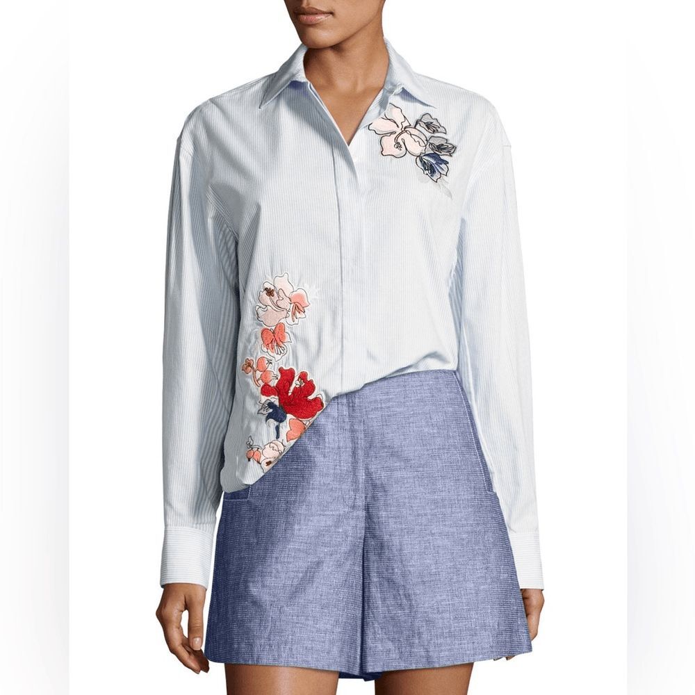 Jason Wu Striped Cotton Button-Down Shirt w/ Floral Embroidery Baby Blue Multi 0